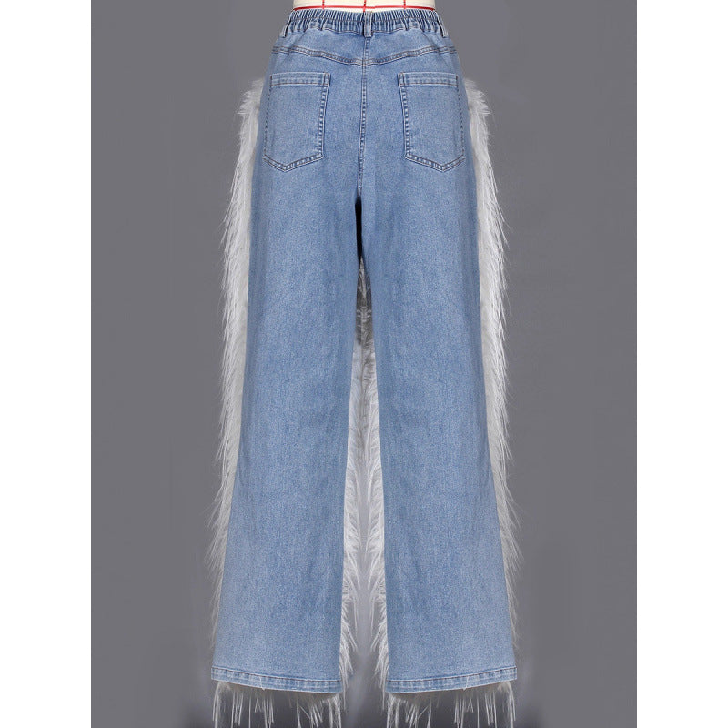 Washed Up Feather Trim High Waist Jeans