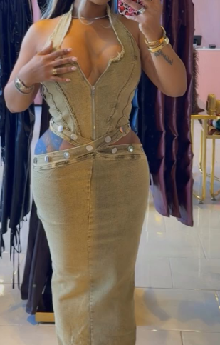 Button-Up Side Cutout Zipper Denim Skirt