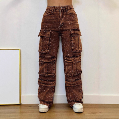 Multi-Pocket Rhinestone Casual Jeans