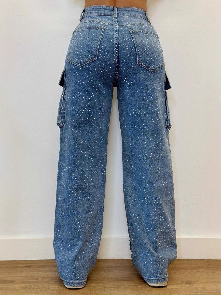 Multi-Pocket Rhinestone Casual Jeans