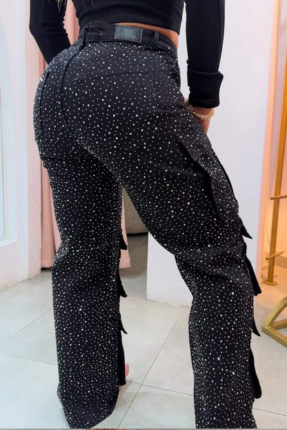 Multi-Pocket Rhinestone Casual Jeans