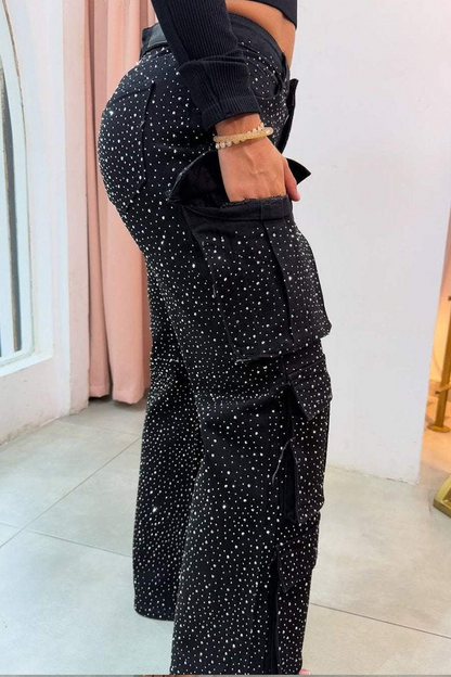 Multi-Pocket Rhinestone Casual Jeans