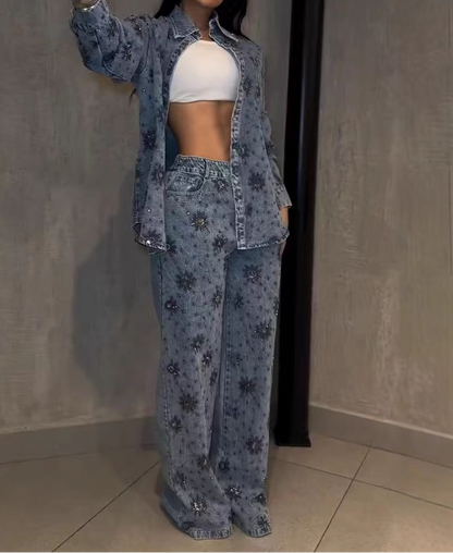 Rhinestone Floral Jacket & Elastic Waist Wide Leg Jeans