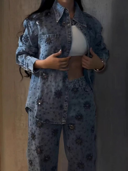 Rhinestone Floral Jacket & Elastic Waist Wide Leg Jeans