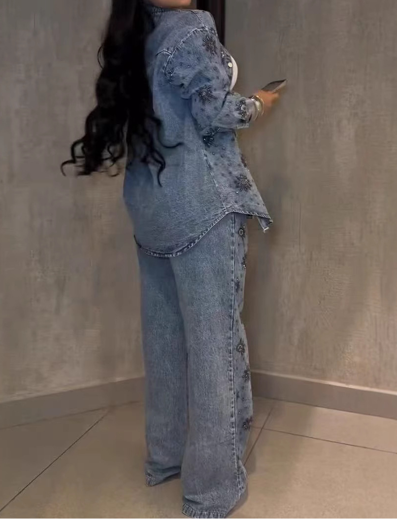 Rhinestone Floral Jacket & Elastic Waist Wide Leg Jeans
