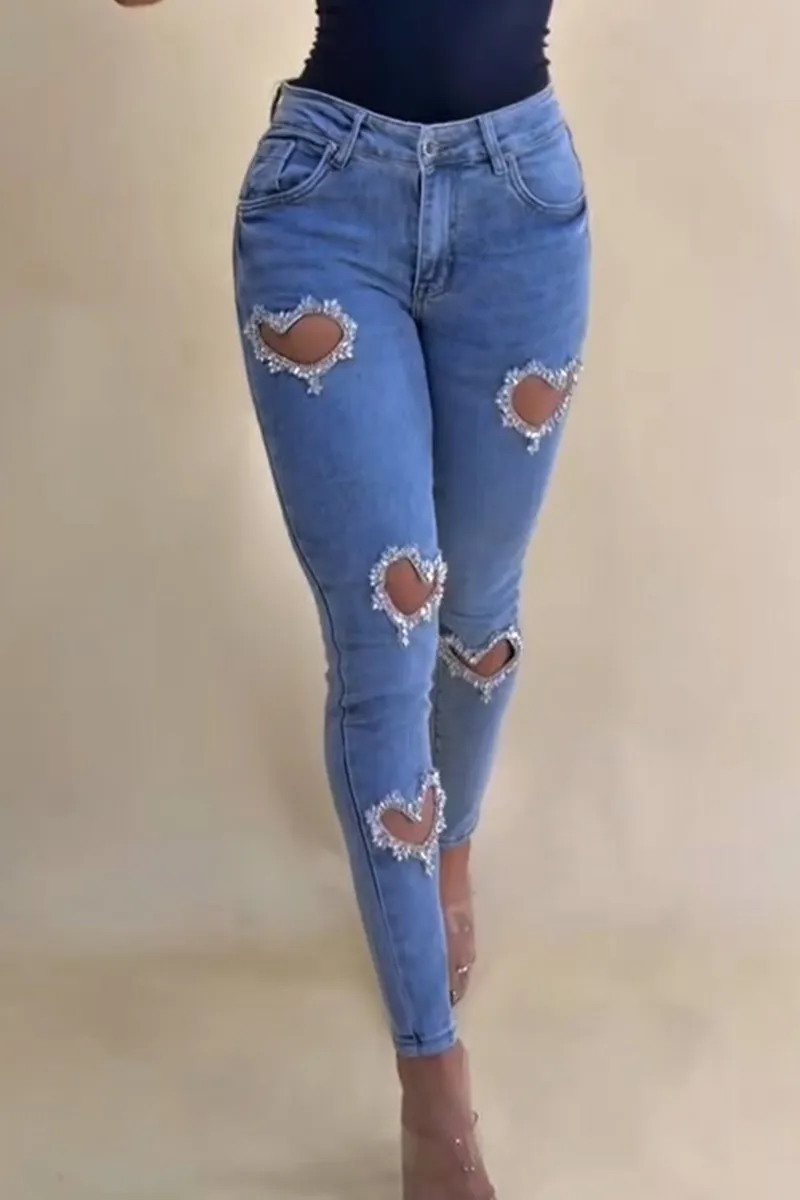 Revival Style Rhinestone Heart-Shaped Cutout Jeans