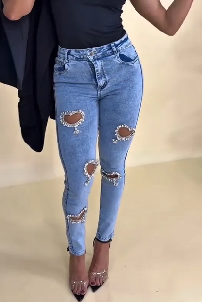 Revival Style Rhinestone Heart-Shaped Cutout Jeans