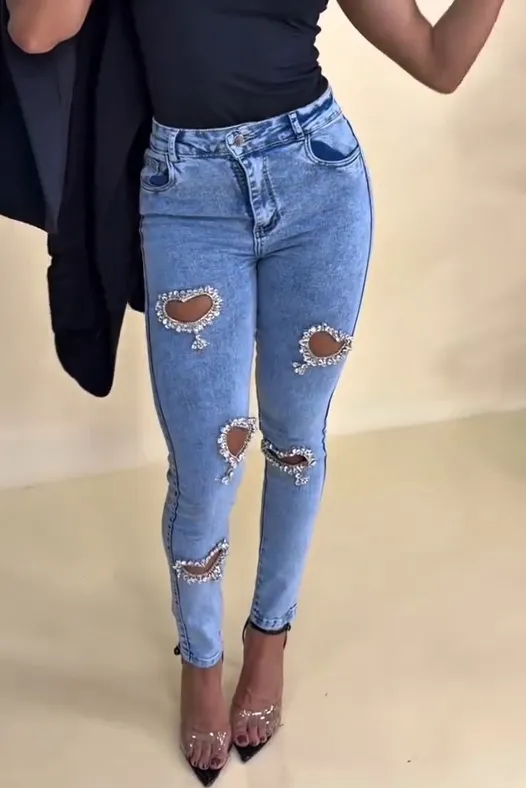 Revival Style Rhinestone Heart-Shaped Cutout Jeans