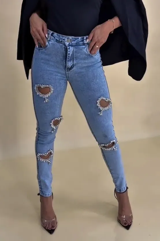 Revival Style Rhinestone Heart-Shaped Cutout Jeans