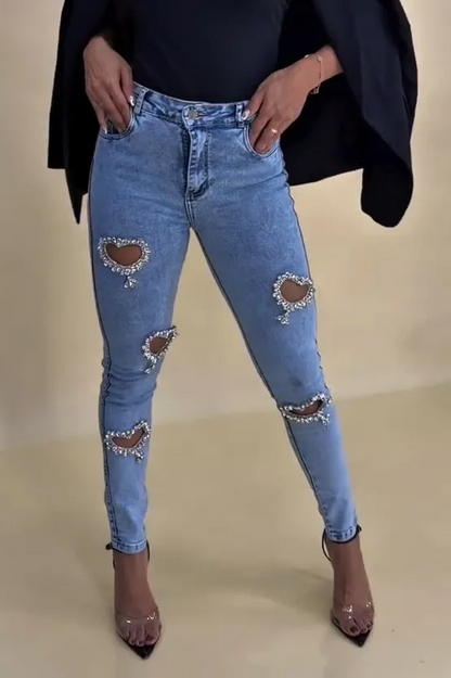 Revival Style Rhinestone Heart-Shaped Cutout Jeans