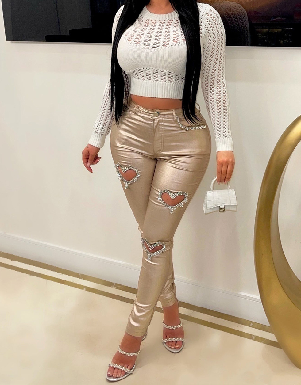 Revival Style Rhinestone Heart-Shaped Cutout Jeans