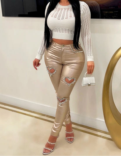 Revival Style Rhinestone Heart-Shaped Cutout Jeans