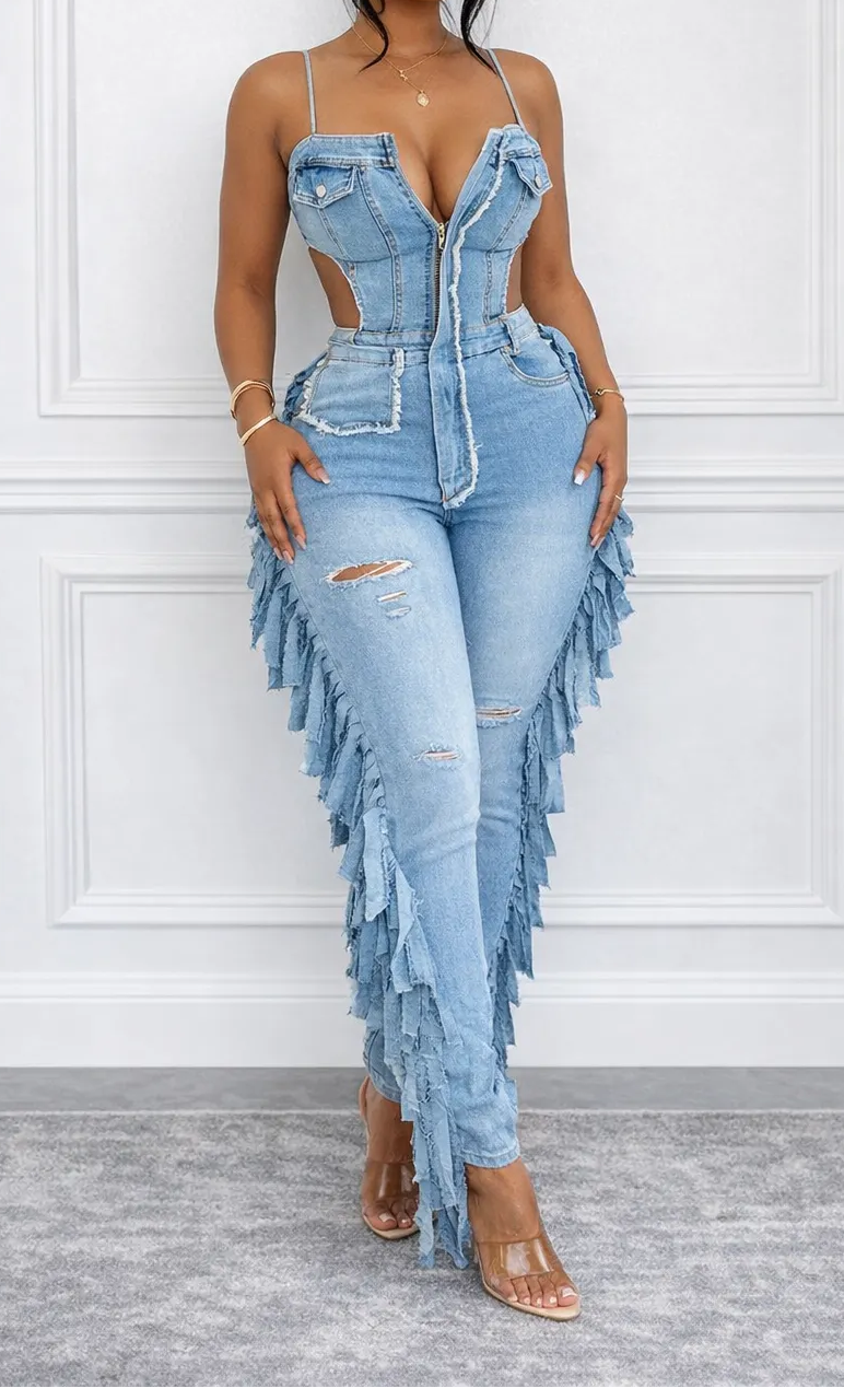 Strappy Patchwork Sexy Casual Denim Jumpsuit