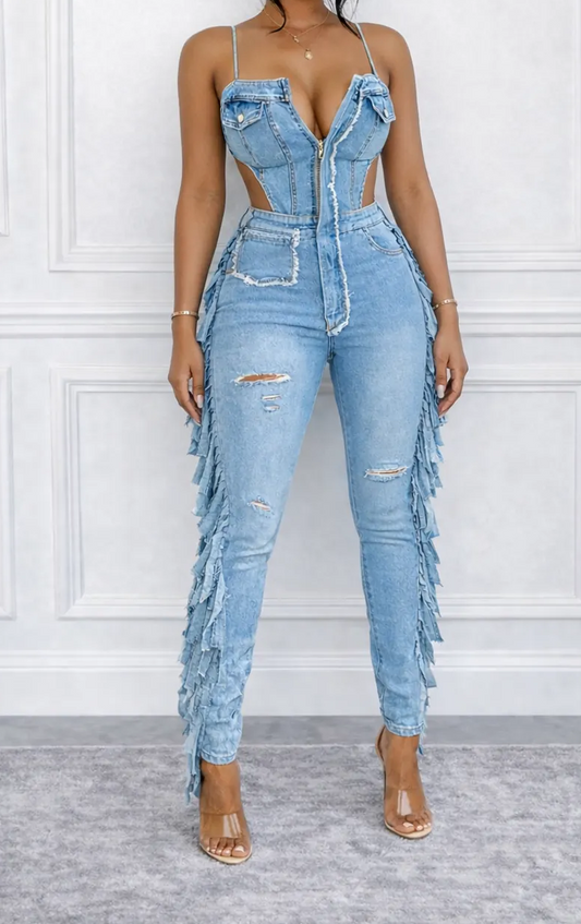 Strappy Patchwork Sexy Casual Denim Jumpsuit