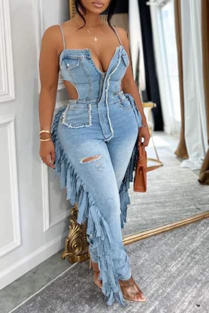 Strappy Patchwork Sexy Casual Denim Jumpsuit