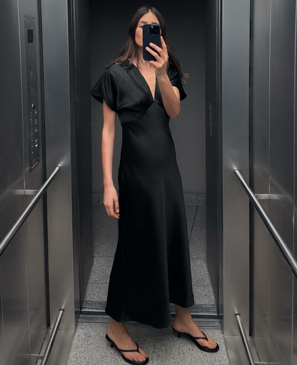 Silky Puff Sleeve Elegant Long Dress