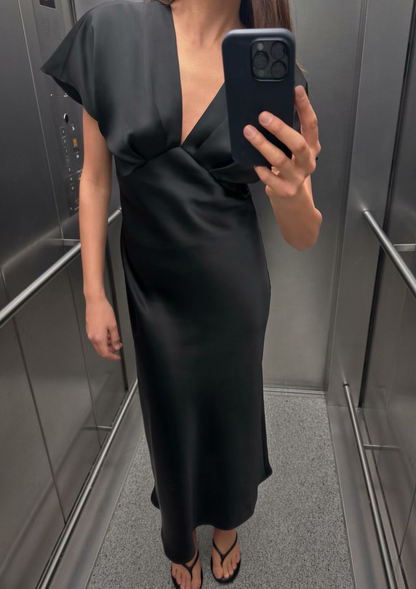 Silky Puff Sleeve Elegant Long Dress