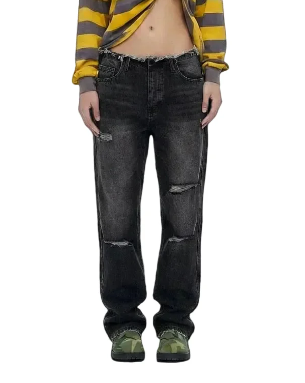 Distressed Baggy Denim with Side Zippers