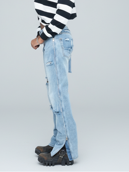 Distressed Baggy Denim with Side Zippers