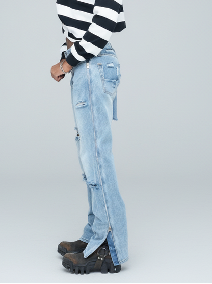 Distressed Baggy Denim with Side Zippers