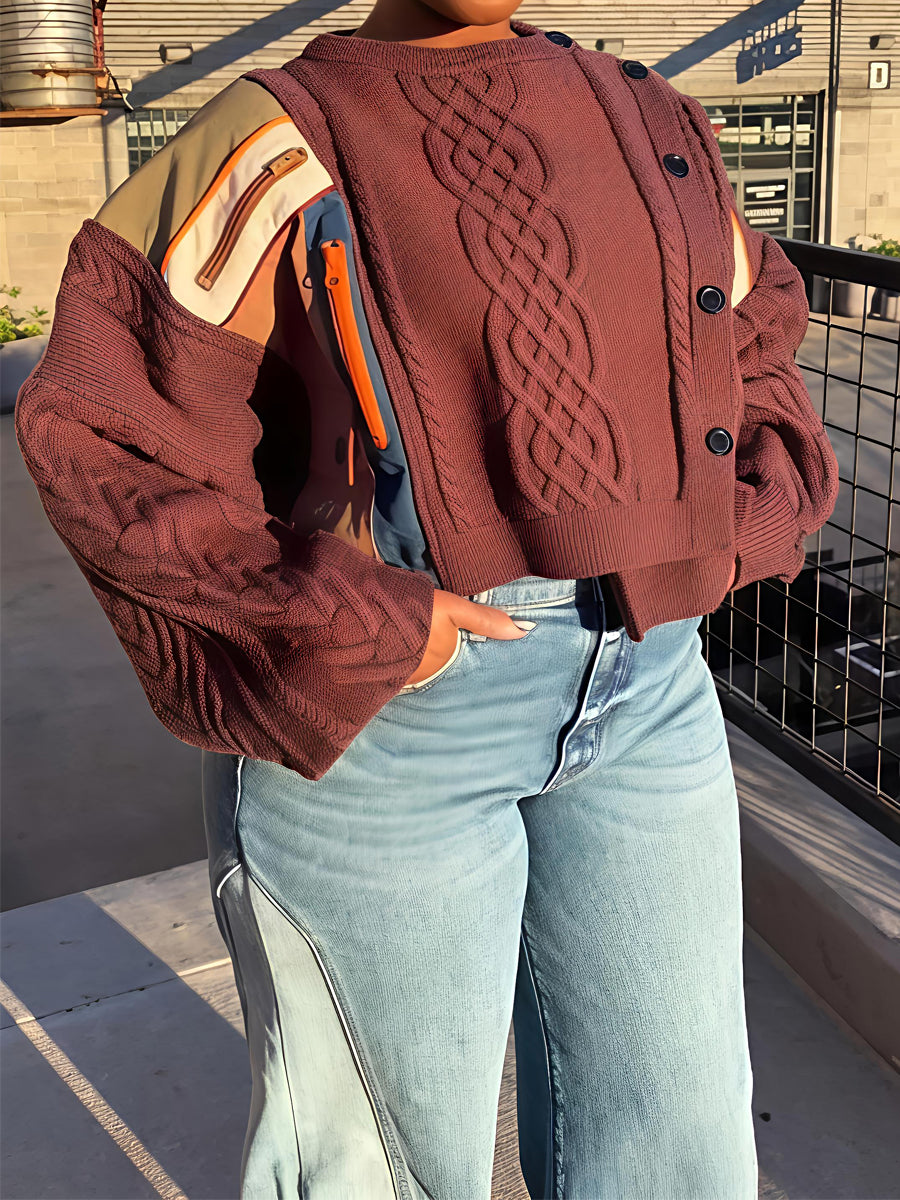 Asymmetrical Button Color Block Cable Knit Sweater