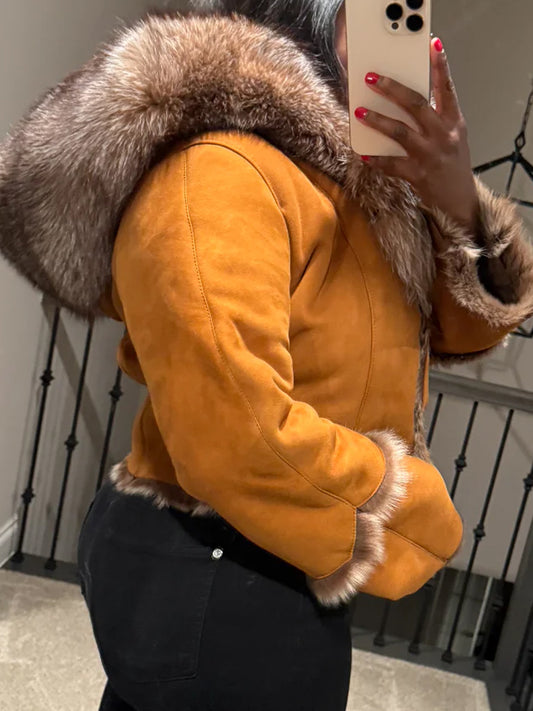 Faux Fox Fur Trimmed Hooded Collar Coat