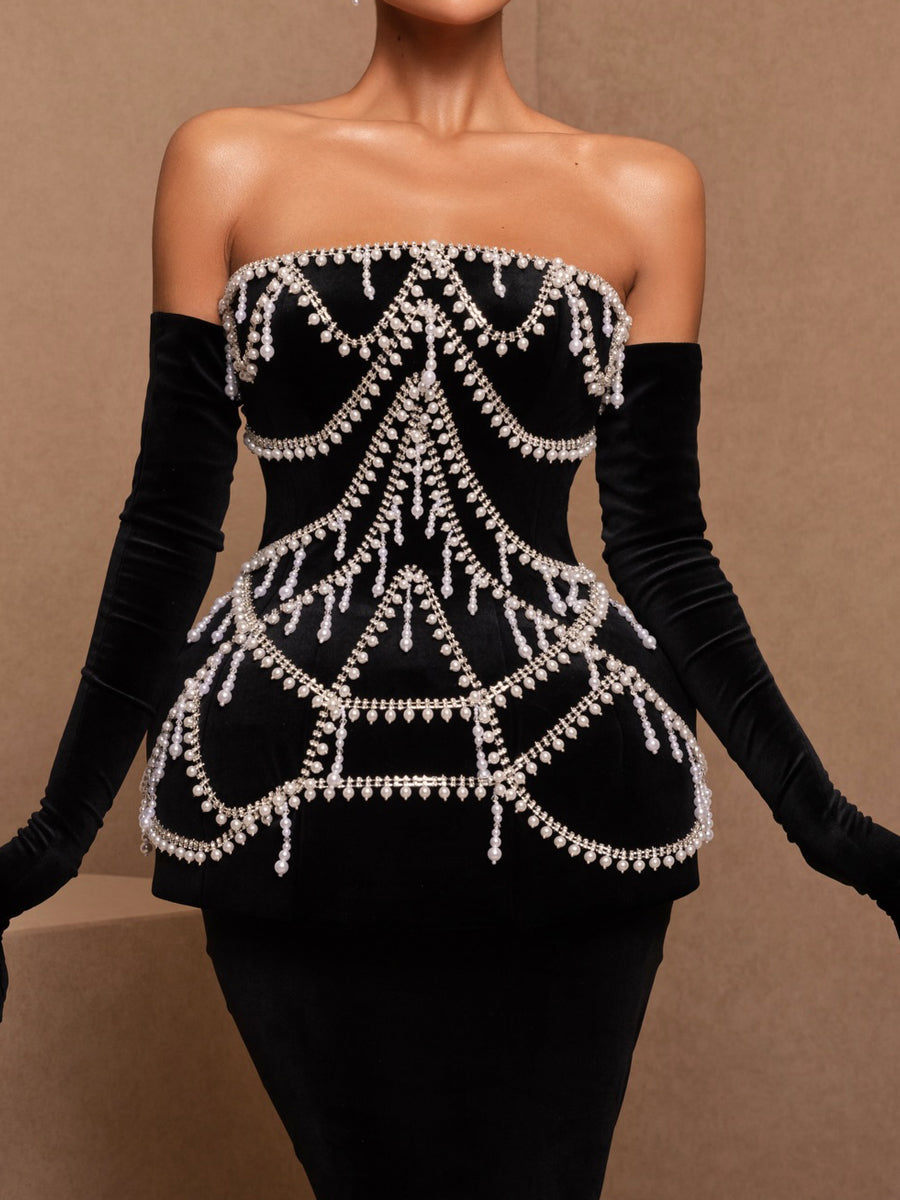 Fashion Imitation Pearl Decorated Sexy Strapless Waist Seal Dress