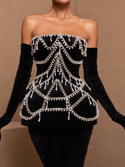Fashion Imitation Pearl Decorated Sexy Strapless Waist Seal Dress