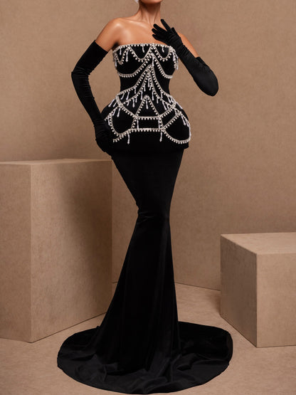 Fashion Imitation Pearl Decorated Sexy Strapless Waist Seal Dress