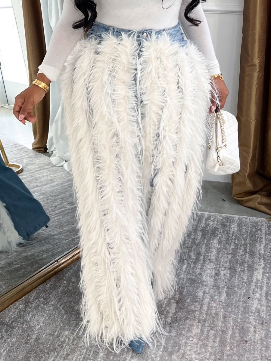 Washed Up Feather Trim High Waist Jeans