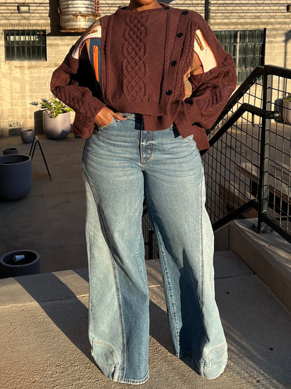 Asymmetrical Button Color Block Cable Knit Sweater