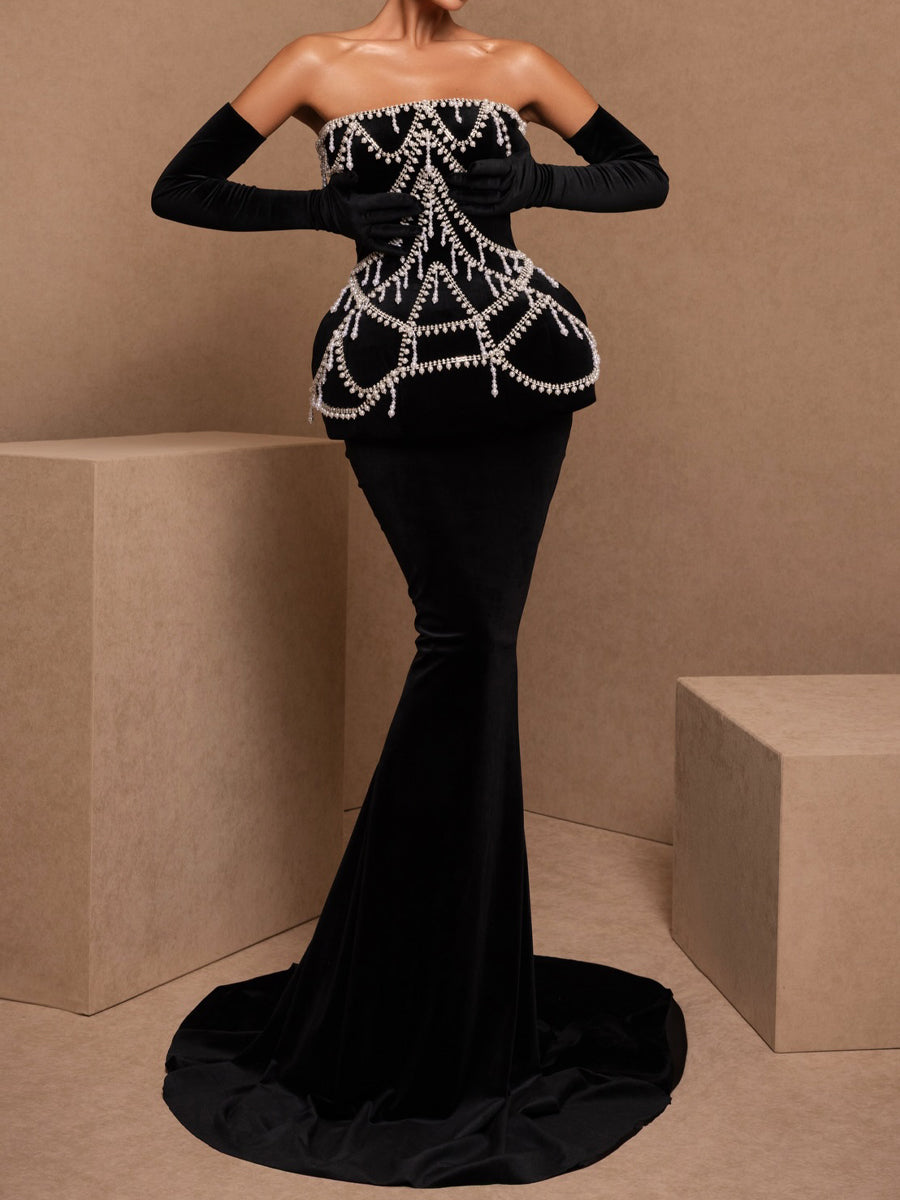 Fashion Imitation Pearl Decorated Sexy Strapless Waist Seal Dress