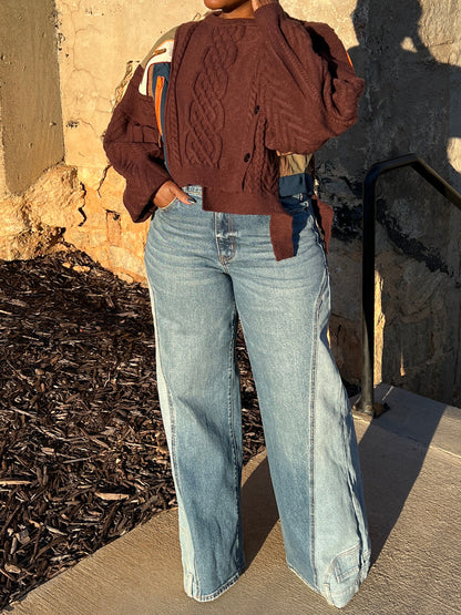 Asymmetrical Button Color Block Cable Knit Sweater