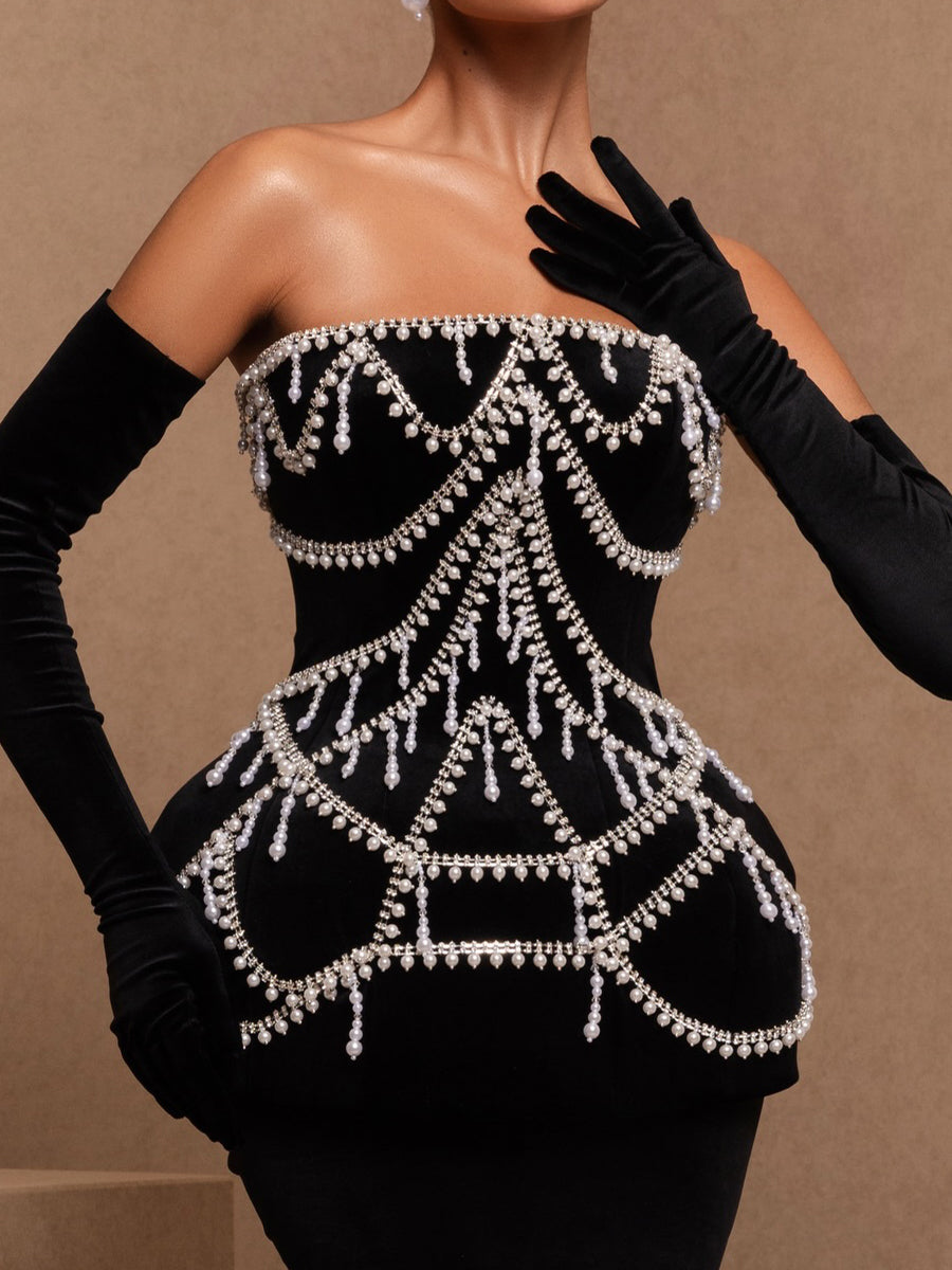 Fashion Imitation Pearl Decorated Sexy Strapless Waist Seal Dress