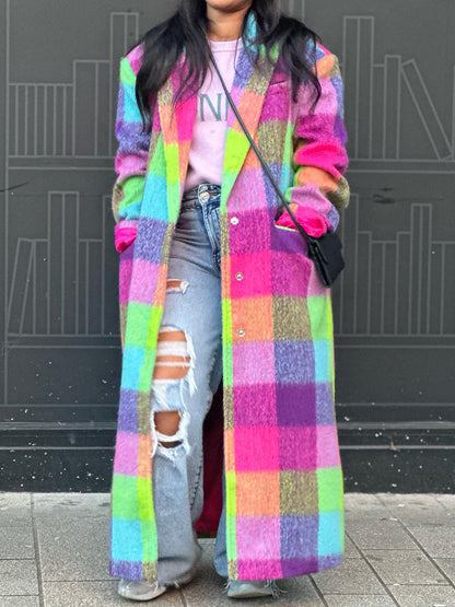 Multi Check Single Breasted Oversized Coat