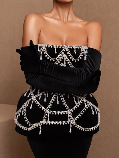 Fashion Imitation Pearl Decorated Sexy Strapless Waist Seal Dress