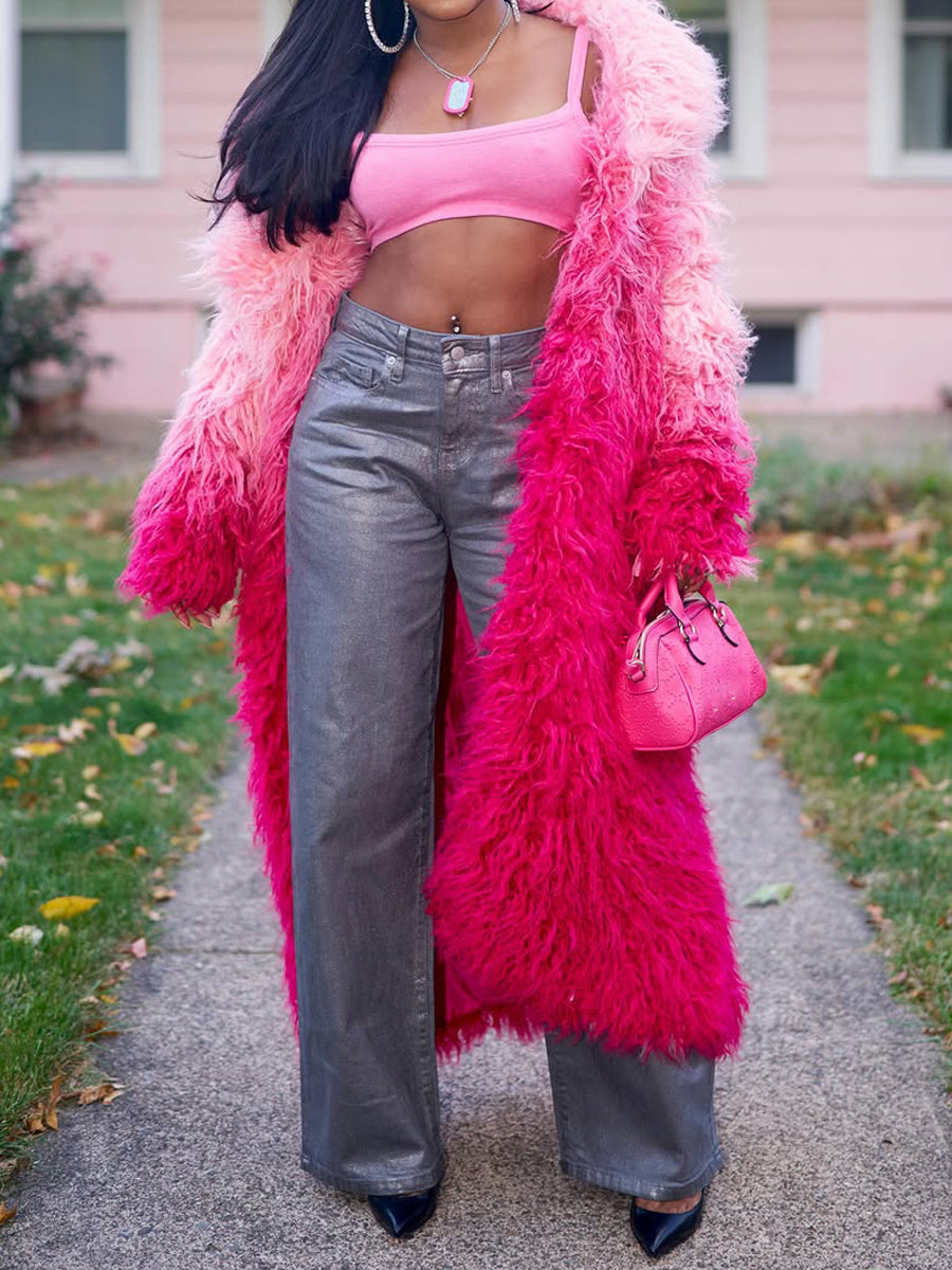 Faux Fur Notched Collar Ombre Design Coat