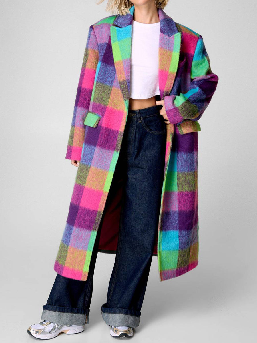 Multi Check Single Breasted Oversized Coat