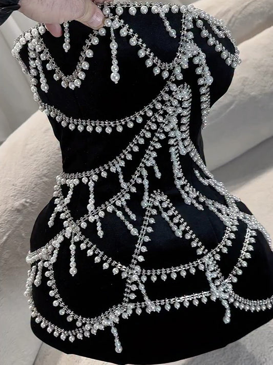 Fashion Imitation Pearl Decorated Sexy Strapless Waist Seal Dress