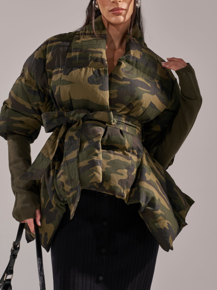 Camouflage Rip Sleeve Ruffle Coat
