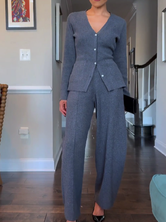Knitted V-Neck Pants Set