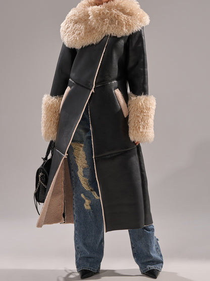 Faux Leather Faux Sherpa Trim Trench Coat