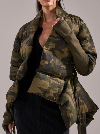 Camouflage Rip Sleeve Ruffle Coat