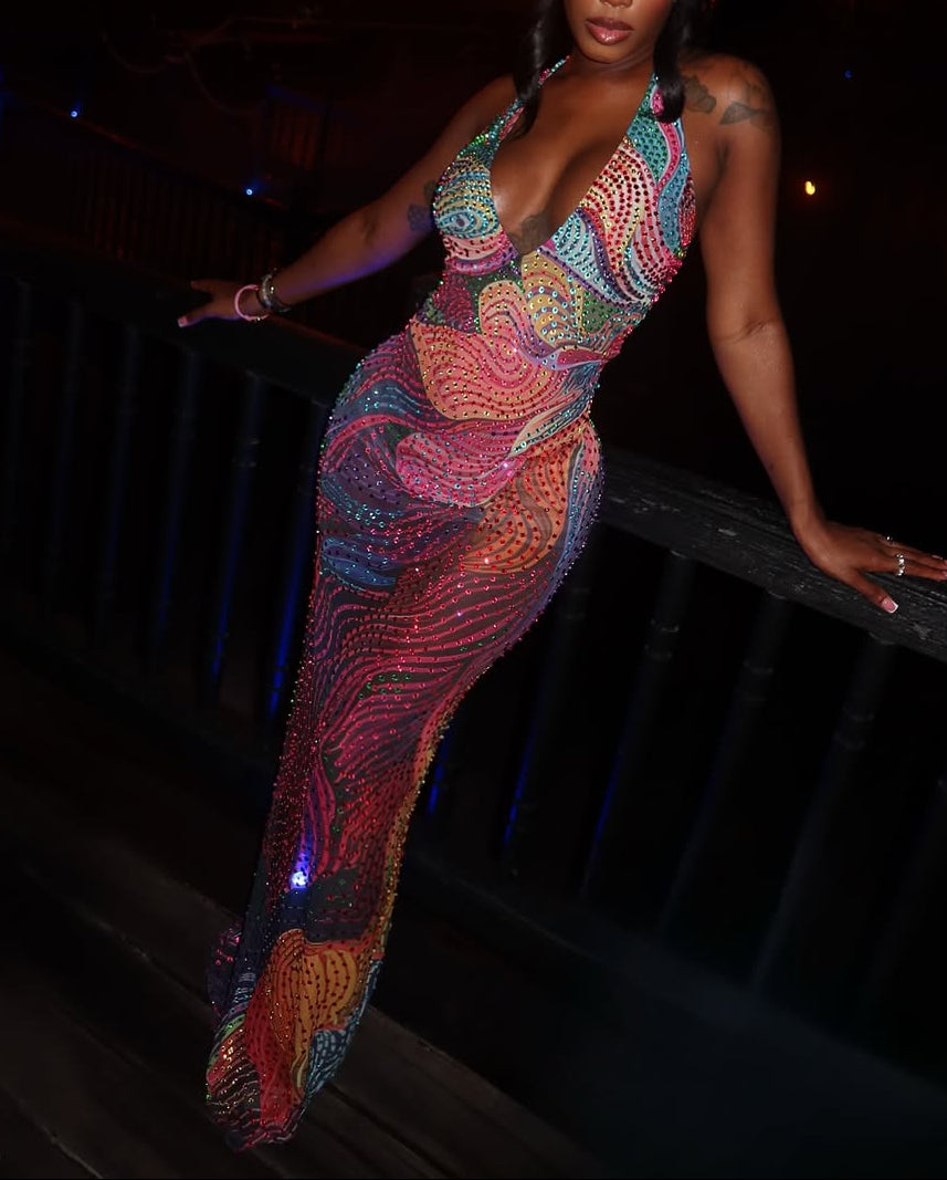 Color-Blocked V-Neck Rhinestone Dress