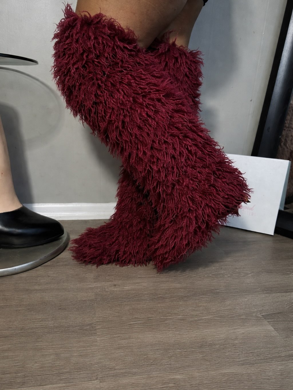 Burgundy Thigh High Curly Fur Flat Boot