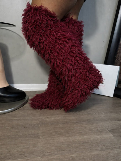 Burgundy Thigh High Curly Fur Flat Boot