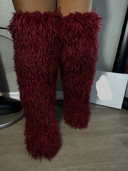 Burgundy Thigh High Curly Fur Flat Boot