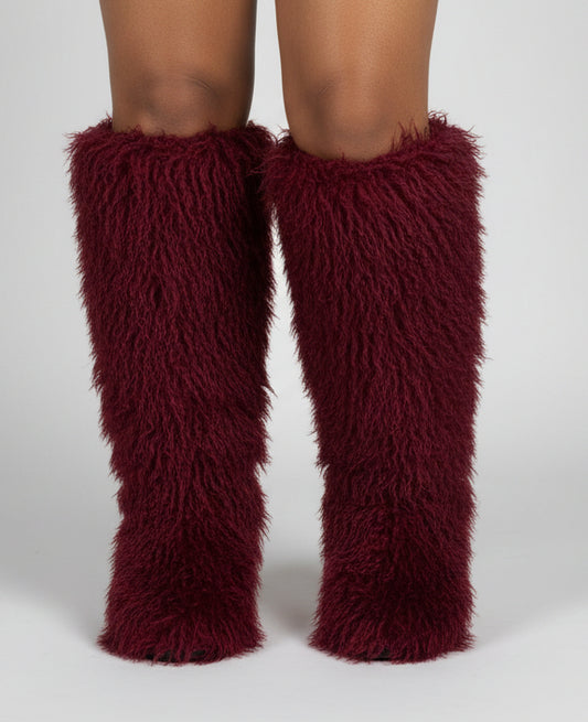 Burgundy Thigh High Curly Fur Flat Boot