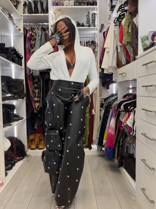 Diamond-Embellished High-Waisted Leather Pants & Shirt Jumpsuit Set