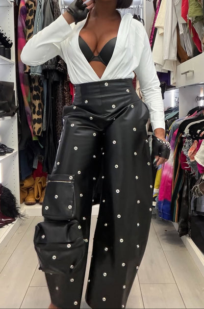 Diamond-Embellished High-Waisted Leather Pants & Shirt Jumpsuit Set